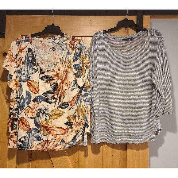 Lot of 2 Womens Plus Size 2X 100% Linen T shirts Stripe Floral - Picture 1 of 16